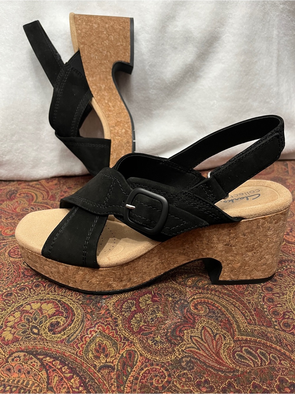 Clarks Nerisa Pace Wedge Heel Sandals - Black Nubuck - NWT - 8.5 Medium